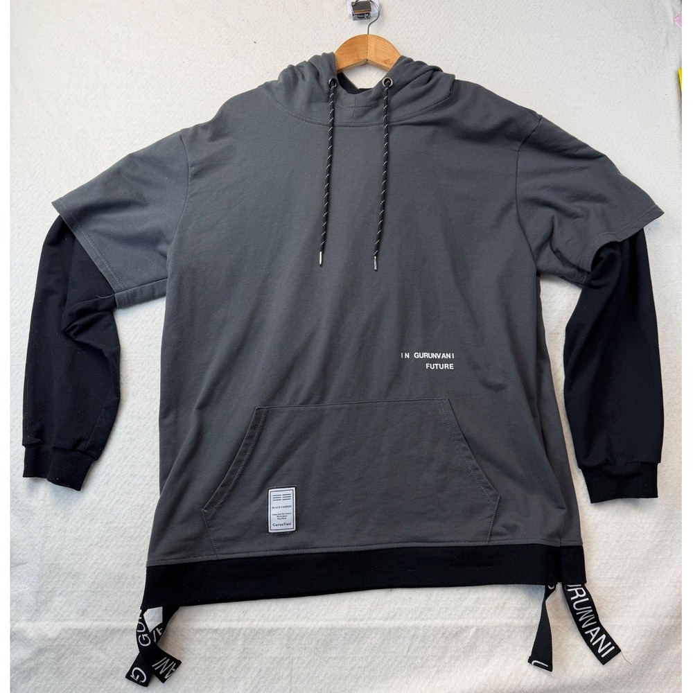 Gurunvani Mens Layered Streetwear Hoodie Grey Black Techwear‎ Graphic XXL